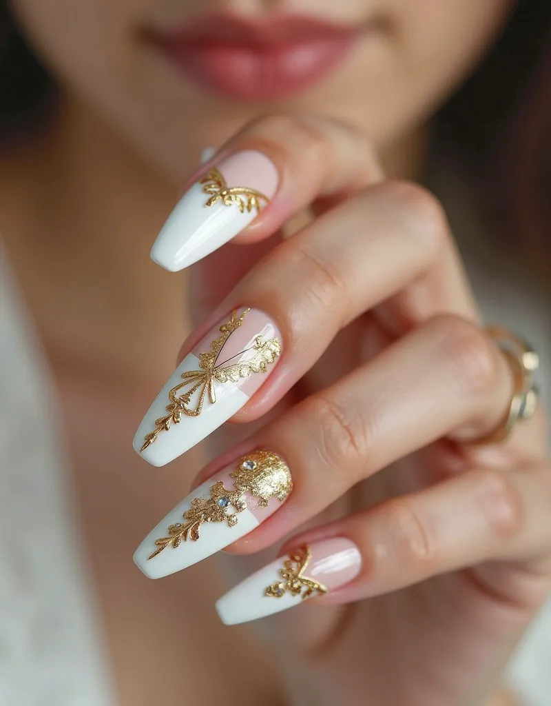 a close up of a person's nails beautiful and realistic, detailed and realistic, long nails , super detailed white and gold,and realistic,fancy detailed and realistic , hand painted style, realistic and detailed, very detailed and realistic, realistic and u...