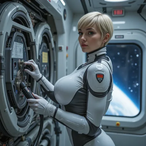 Masterpiece scifi photo, photorealistic sideview portrait of a young slim (((fullbreasted))) pixiecut blonde girl, fully clothed, completely covered in a tight closed white and grey electrotechnical latexsuit for mechanical space personnel, tight waist, ((...