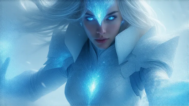 A hyper-realistic, ultra-HD 8K painting of an ethereally beautiful female fighter with an icy, curvy body, wearing an elegant but battle-ready crystalline combat suit with frost-blue energy lines. Her silver-white hair flows like a frozen waterfall, and he...