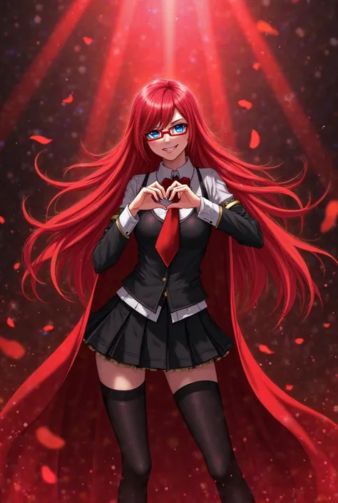 Grell, Grell Sutcliff, red rectangle glasses, Grell Sutcliff, the flamboyant and dramatic reaper, poses confidently in an elaborate schoolgirl cosplay: a revealing black and white school uniform with a short skirt, thigh-high stockings, and a red cape bill...