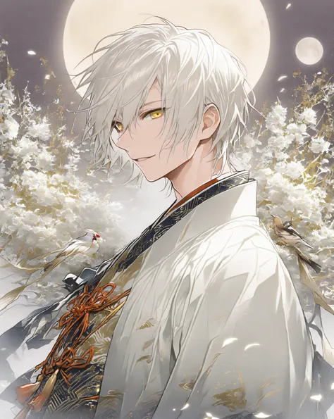 1 boy, tsurumaru kuninaga(Touken Ranbu),ikemen,(((white short hair))),Pointy hair, The front hair is gathered in the center ,golden eyes,white clothes,fur ,(((upper body))),(((Background design))),((( Flowers))), birds,(((moon))),petals,clowd, Classical Ja...