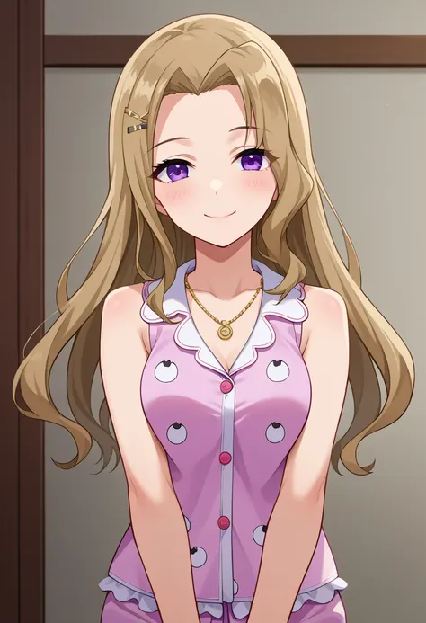 score_9, score_8_up, source_anime, 1girl,  TakashimaYakumo, light brown hair, purple eyes, long hair, hairclip, necklace, 1girl, sensual body, smile ,Her cheeks flushed ,sleeveless pajamas