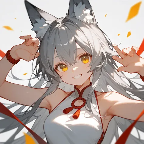 gray hair、long hair、with golden eyes、Very cool clothes、 fox ears、 cool design、Cool smile、 cool composition、cool pose、high quality、 girl