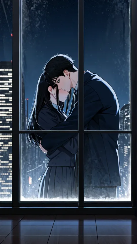 short hair,A male,Black Hair,High and cold,Black pupil, Chinese male ,CEO Style,Night curtain,Background inside the building,floor-to-ceiling glass,Another woman, long hair,Black Hair, are beautiful and moving,The two hugged and looked at each other,Women...