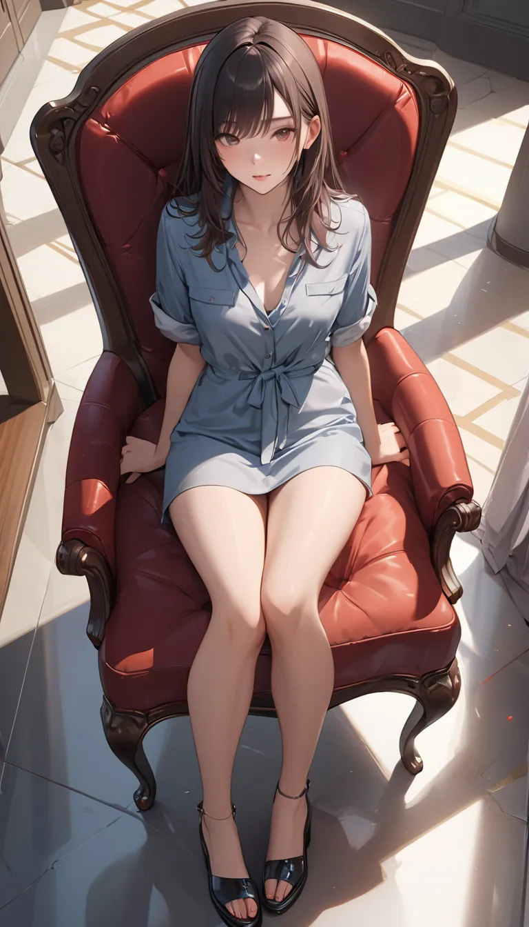 Woman sitting on a chair　　from above, (Masterpiece, best quality , Ultra high resolution ), highly detailed CG ,from head to toe, 