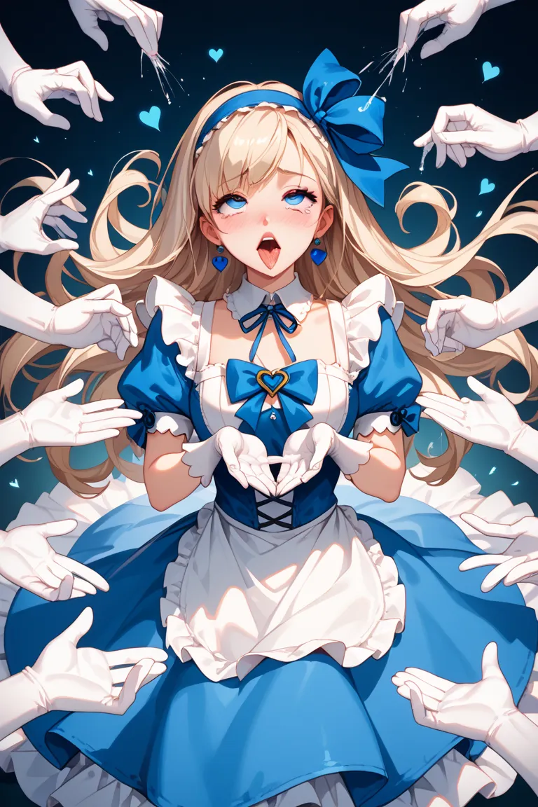 nsfw, alice in wonderland, focus on girl, one girl, solo, front, full body, ahegao, many hands, white gloved hands, tickled by white gloved hands, multiple white gloves,