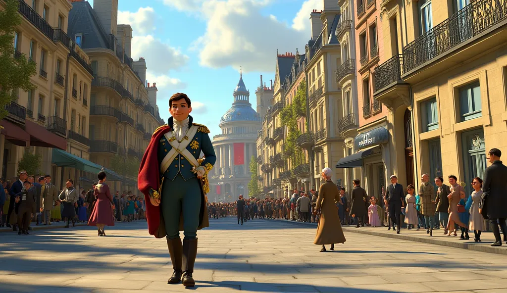 A picture of 19th-century Paris, showing Napoleon walking 