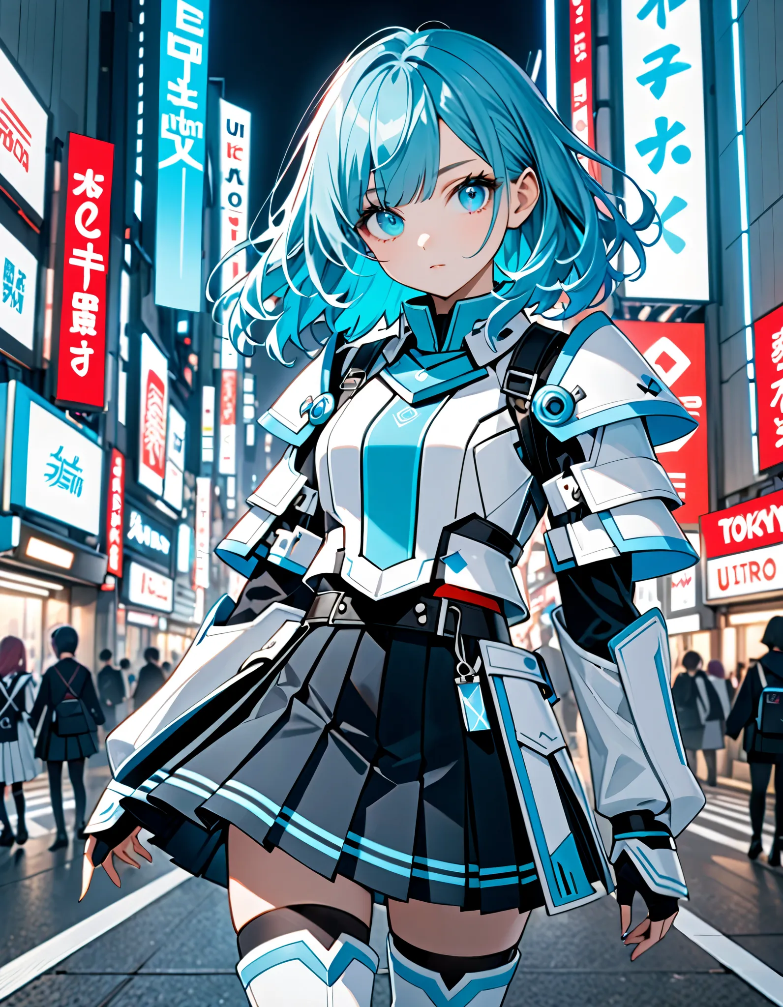 a young beautiful woman, kosmos,medium_hair, 1girl, blue hair with light blue accents, aquamarine eyes, kosmos, solo, white_red_armor,best quality, ultra high res,tokyo fashion, black skirt with blue trim, pleated skirt, miniskirt, white boots, thighhighs