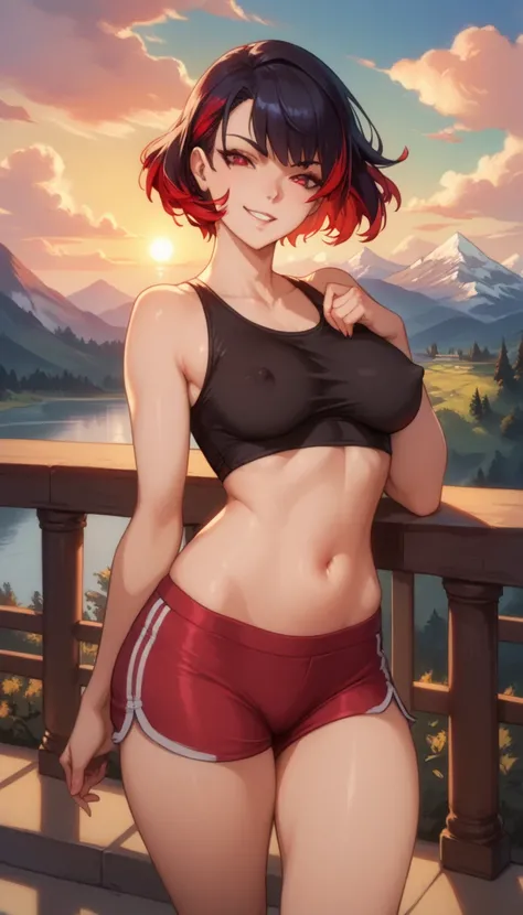 Sexy anime girl, age 17, black and red multi coloured hair, short hair, red eyes, no bra, tight black crop top, red jogging shorts, medium breasts, medium thighs, erect nipples, belly open, perfect shapely body, seductive pose, smirking, on a bridge, mount...