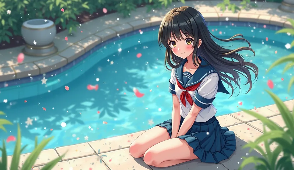 Illustration in anime style. Full body photo of 18-year-old girl wearing high school clothes, smiling, eyes sparkling, hands between legs. black hair, black eyes, white skin, sitting by the pool