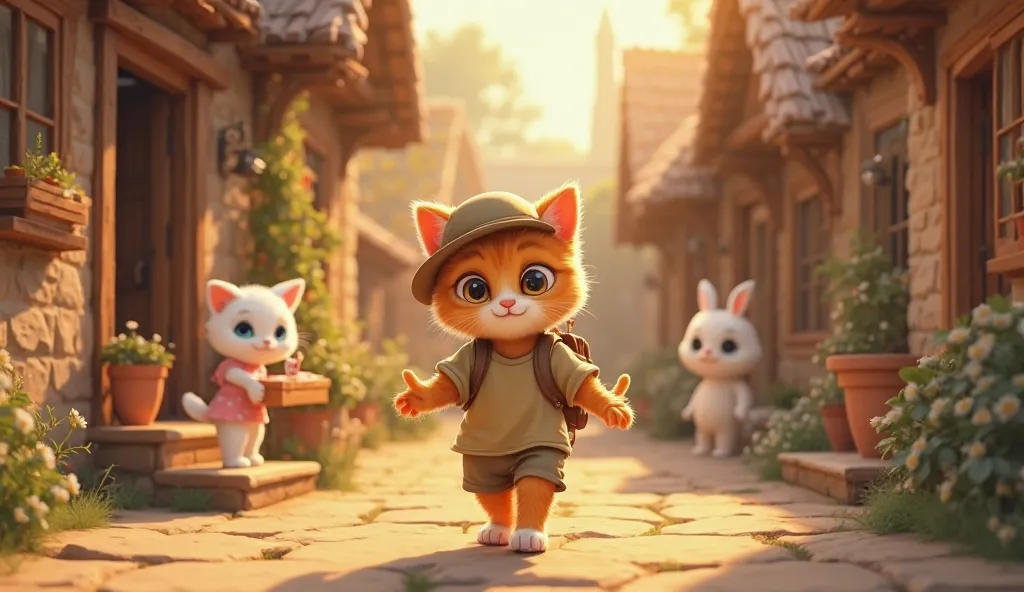 A small, fluffy orange tabby kitten with deep golden eyes walks away down a cozy village alleyway. She is wearing khaki-colored clothes (shirt and shorts) along with a matching khaki hat. Her khaki backpack is now empty, slightly loose on her back. She tak...