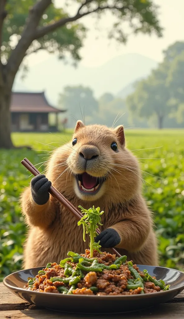 A photograph of chubby, short-legged, fluffy capybara with human-like posture and expressions, delighted face, holding chopsticks, taking a big bite of the stir-fried beef and mustard greens, a vast field of green mustard greens stretching under the soft s...