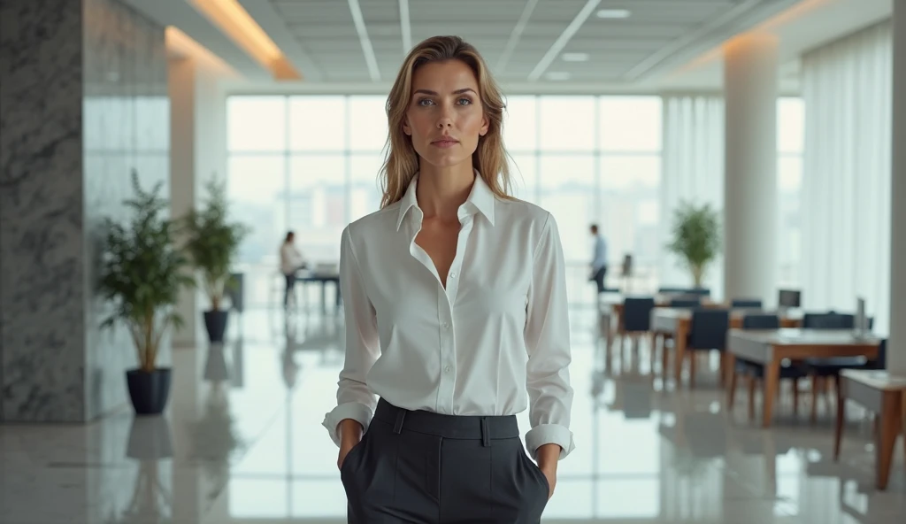 an adult Russian woman in a white shirt with a neckline and heels is standing in the office