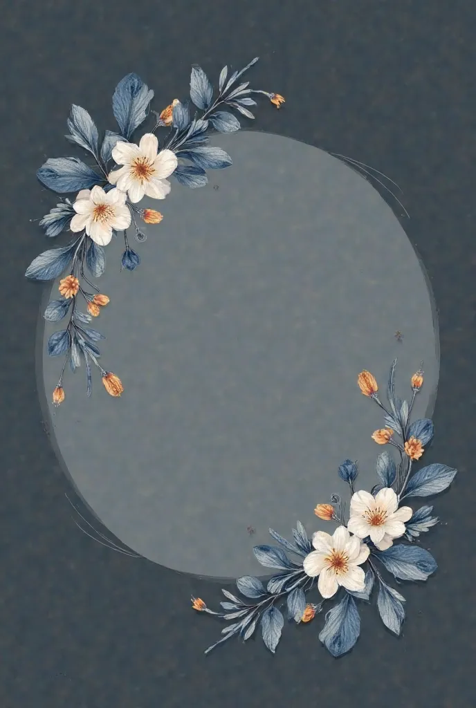 Generate image displays an elegant design featuring two clusters of blue leaves and white flowers arranged diagonally opposite each other on a dark gray background. These clusters are positioned at the top left and bottom right corners of a large, faint ci...