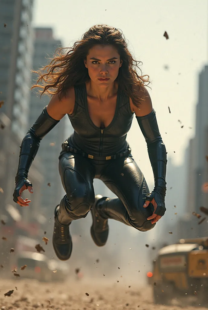 female superhero Landing, partial squat, outdoor