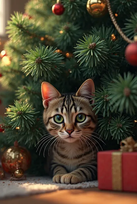 a cat standing under a Christmas tree, no one can find a cat.