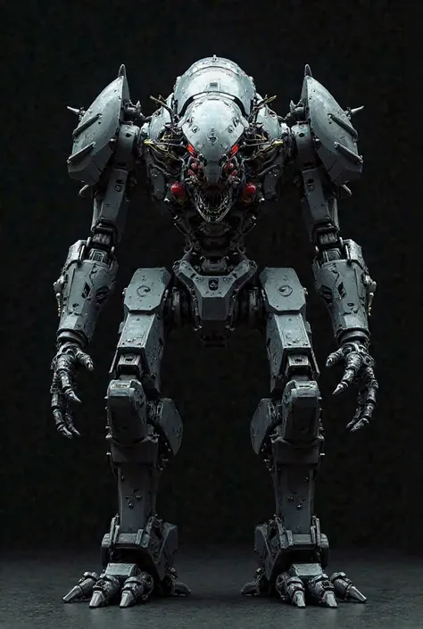 A dark gray huntsman from the "Pacific Rim" franchise only less with a stylish design and an aggressive look of scoit against a black background with the lights on 