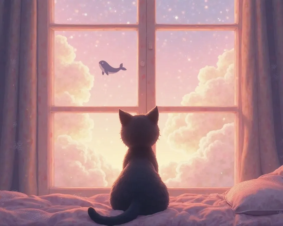  High quality image,  black cat, of the back, Inside looking out the French glass window, outside sky with clouds, a whale silhouette in the sky,  colors lilac and pink with beige, with glitter, Style 2d,  animated, Warm and soft, pastel gradient colors. 