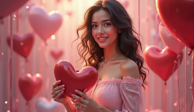 3D social media post screen, a realistic Latino woman . directly into the audience , emerged from the post , 3D heart shaped metal balloon and 3D heart , background, The Valentine's Day theme "