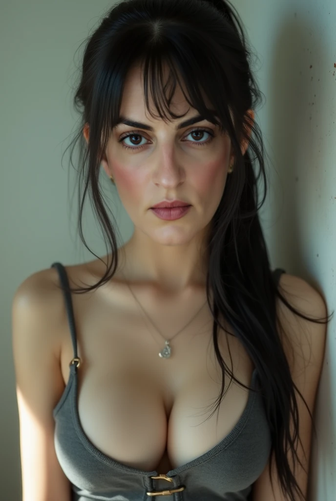 (photorealistic, masterpiece, film photo, raw) portrait of beautiful school girl, (tight tank top and skirt), cleavage, long straight hair, black hair, ponytail, innocent look, open mouth, tongue out