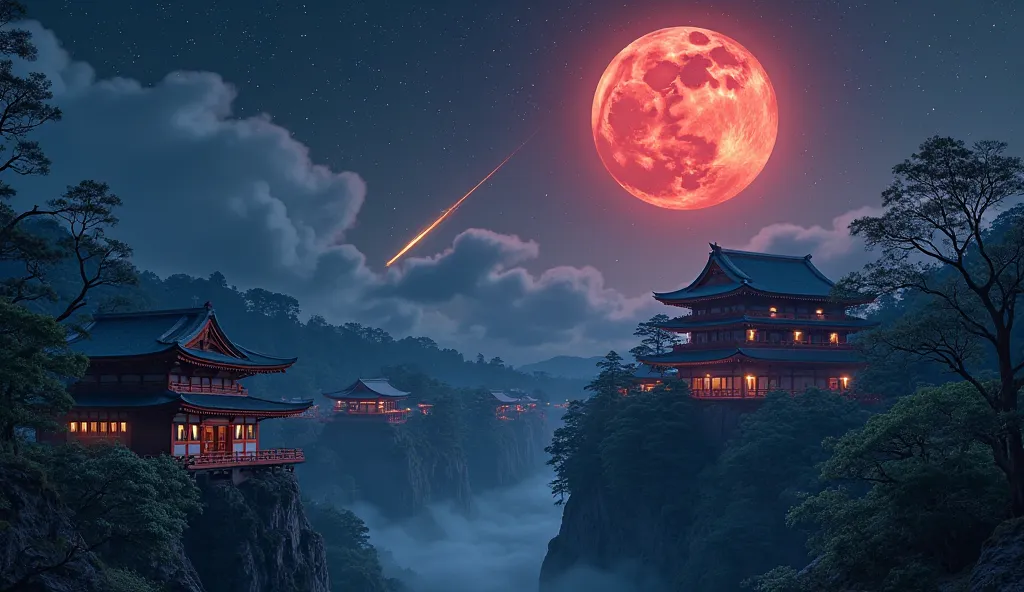 8K wallpaper, 34-inch screen, hyper-realistic, night, forest, traditional Japanese buildings, wooden houses, temples, castle, galaxy sky, large red full moon, one visible shooting star, eerie glow, dark atmosphere, historical period, highly detailed, water...