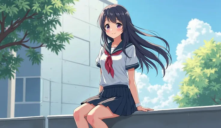 Illustration in anime style. Full body photo of 18-year-old girl wearing high school clothes, smiling, eyes sparkling, hands between legs. black hair, black eyes, white skin, sitting on the wall