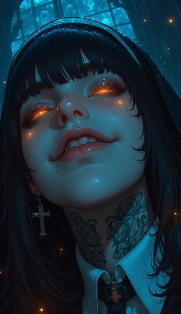 A close-up shot of a psychotic, grinning yandere nun, her face partially obscured by dark, wet strands of hair. Her pale skin contrasts sharply with the shadows, and her eyes glisten with a disturbing, unhinged gleam. The rain drips down her face, enhancin...