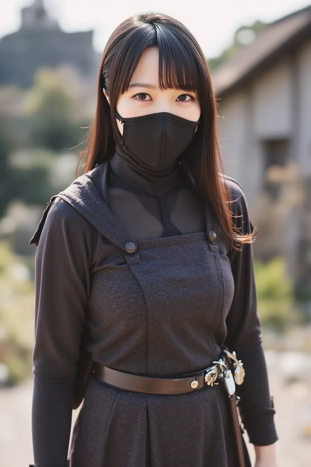 {
"prompt": "A portrait of a kunoichi (female ninja) from the Sengoku period in Japan. She is wearing traditional ninja attire, including a dark, form-fitting kimono with a hood, and a belt carrying small weapons like shuriken and a kunai. Her face is part...