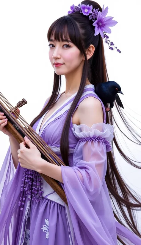 the art-work depicts an stunningly beautiful asian woman with bangs and long hair dressed in traditional East Asian attire. She is holding a musical instrument, possibly a guqin or a similar type of string instrument, with delicate fingers. Her outfit is i...