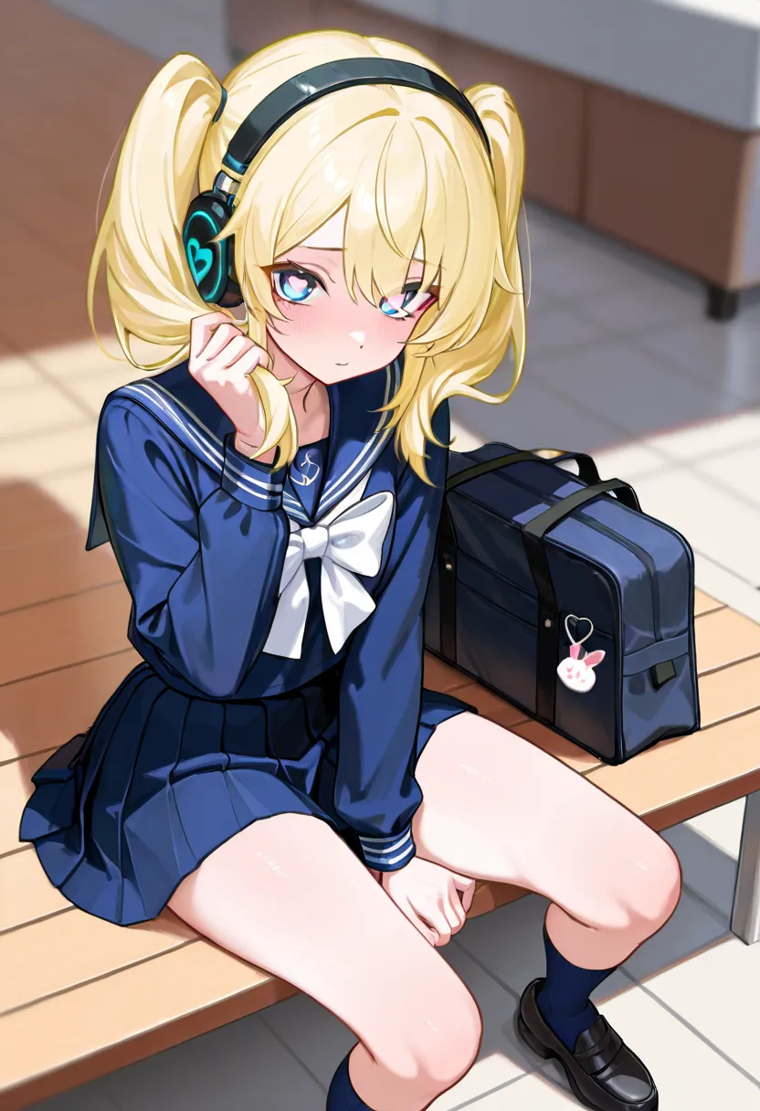 masterpiece, Highest quality, 8k, RAW photo、heart-shaped light in her eyes、headphones、Light yellow hair 、twin tails、 girl touches smartphone、Touching your hair、 strange expression、thin thighs below eyes、sit、 navy blue socks on the bank， sailor suit、loafers...