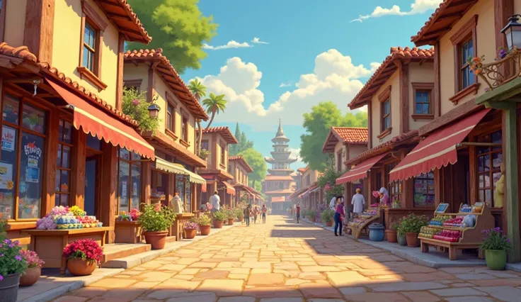  image for a cartoon story Disney-style YouTube video , in Pixar format : The heyday of Bratva :  Bratva thrives ,  village market, there's a clothes store, shoes store, grocery store, traditional market, residents are happy . (wide shot, Bright colors,  a...