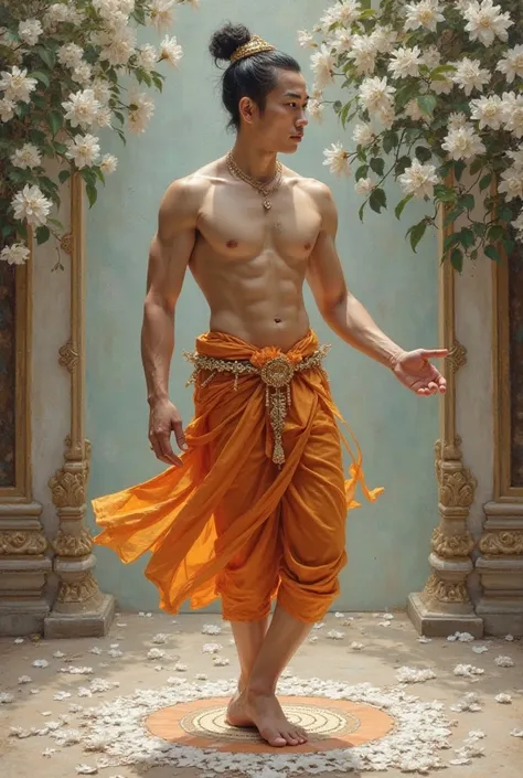 full body,extream long camera angle,photograph,portrait of a young man,18 year old,handsome charming ,model face,black bun hair,fit body ,white skin ,wearing simple thai dancing outfit ,shirtless wear sarong,wear chada thai head dress,he dynamic standing g...