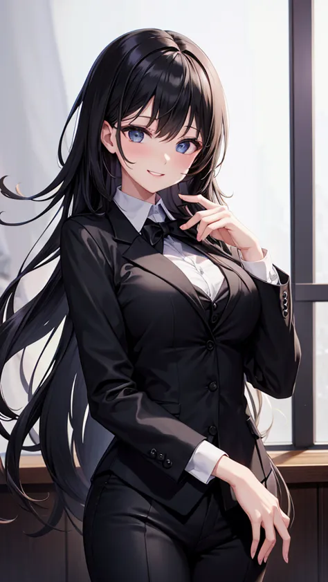 sexy older sister in a black pantsuit　　 　　 black tie 　A radiant smile　 High Resolution　 high image quality