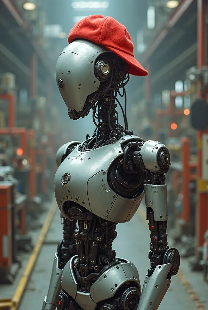 I would like to make an industrial robot with a small red cloth cap on the head 