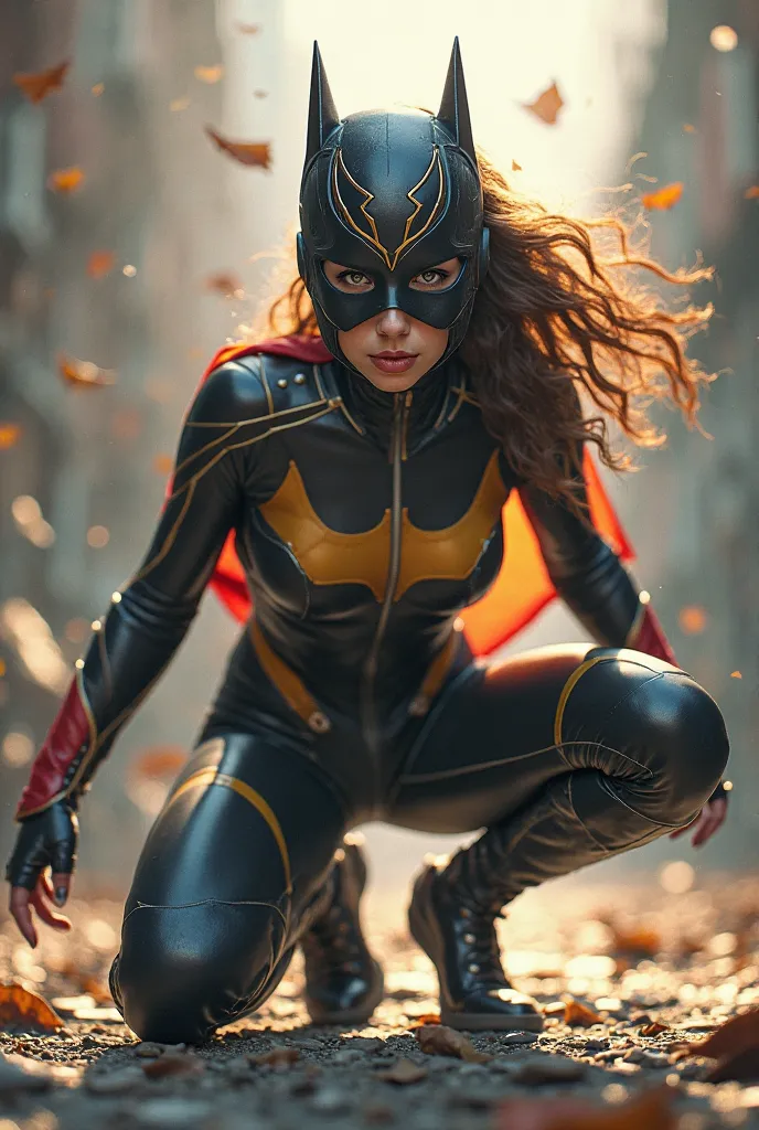 female masked superhero Landing, partial squat, outdoor