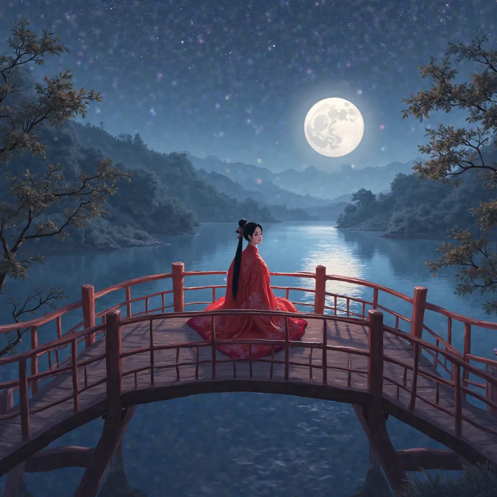 Chinese bridge with beautifull traditional red hanfu  ,she sitting on the boat , evening with bleezing stars ,   serious face, river , full moon 