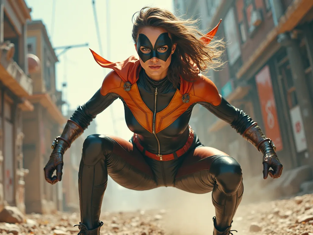 female masked superhero Landing, partial squat, outdoor