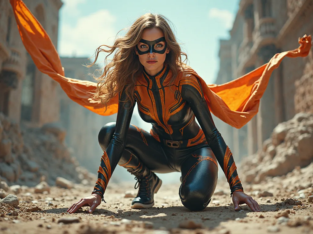 female masked superhero Landing, partial squat, outdoor