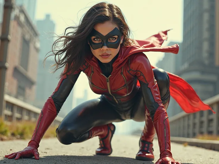 female masked superhero Landing, partial squat, outdoor