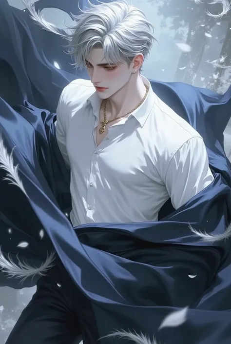  young man,silver short hair,Golden Eyes,grace, calm,white shirt,deep navy gown,Fluttering Feathers,masterpiece, anatomically correct, accurate, Highest quality, very detailed, 