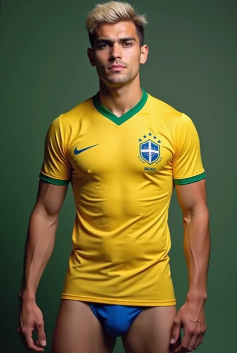 Photo of a full body twink. The twink will wear a super tight t-shirt from the Brazilian national team, the shirt will be small so the navel will be visible, and instead of pants he will wear a blue thong. The twink must have Peruvian features, with dark h...