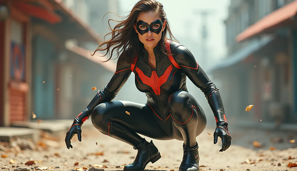 female masked superhero Landing, partial squat, outdoor