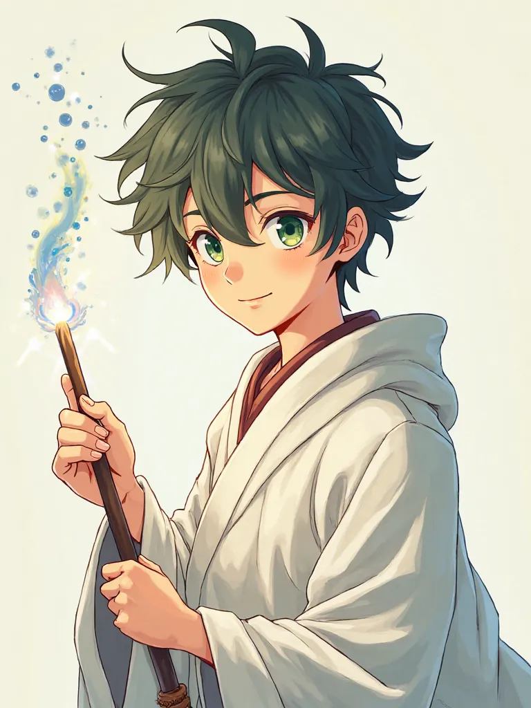 1 man、shortcut,  Hair,  bangs between your eyes, droopy eyes, green eye, smile, simple background,  anime,  anime風, magic wand, white robe