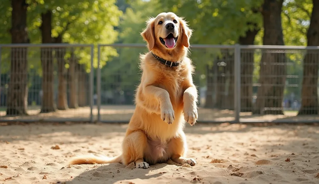 A golden retriever sits upright on its hind legs in a sandy play area, front paws slightly lifted in an eager and playful stance. Its fluffy golden coat gleams under the warm sunlight filtering through the lush green canopy of tall trees. The dog’s mouth i...