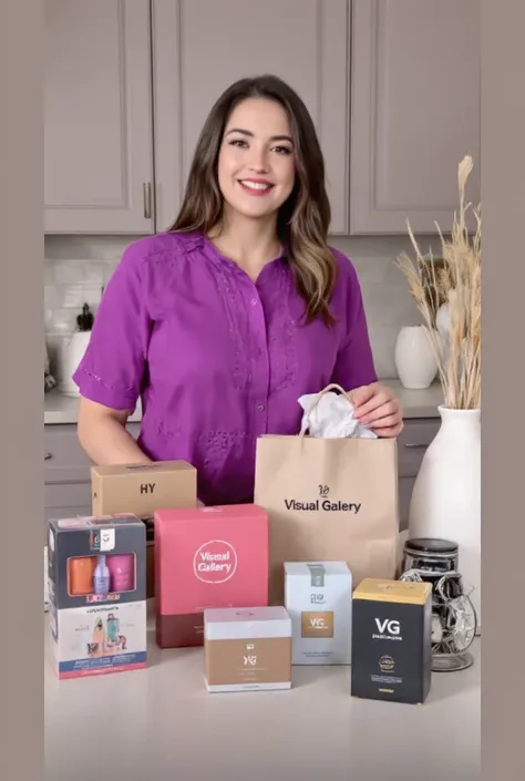 The image shows a person standing in a kitchen, wearing a purple shirt with a perforated design. They are surrounded by a variety of products, including boxes labeled "Visual Galery  ," "HY ," and "VG." These products are placed on a countertop, and the pe...