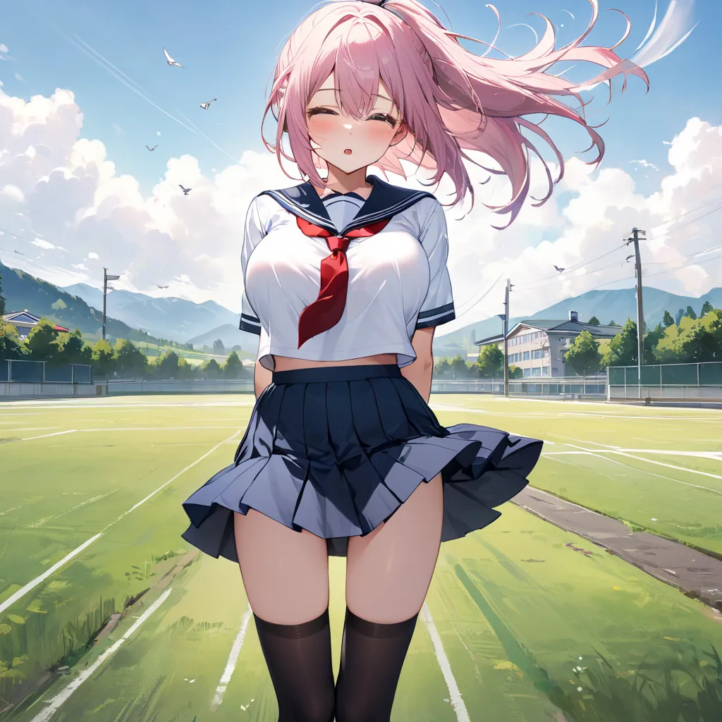 masterpiece, landscape, school, (longtorso_v0.63_pony), blowing wind, BREAK, very skinny girl standing, arched back, arms behind back, down arms behind back. tiptoe, pigeon toed, BREAK, school uniform, white sailor uniform with red tie, flapping blue too s...