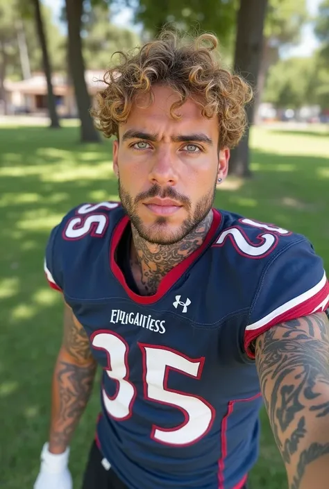 A Man Can Yaman, blue eyes, CURLY BLONDE MEDIUM DEGRADED MILITARY CUT, muscular, tattooed, Boxed Beard, WEARS A KANSAS CITY AMERICAN FOOTBALL JERSEY AND BLACK SHORTS, selfie, HE'S IN A PARK IN SICILY IN ITALY