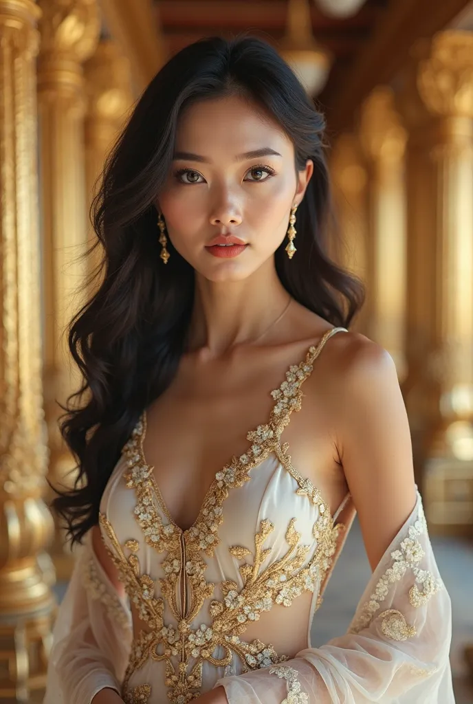 Create an image of a beautiful, sexy Thai girl wearing Thai dress in a golden palace, posing as a beautiful lady, looking at the camera similar to the real thing.