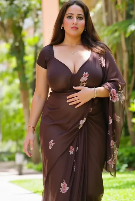 A beautiful hindu Indian milf, extremely pale white skin, blushing face, light brown hair, straight slick hair, huge pink lips, wearing sleeveless dark brown floral saree, sleeveless dark brown glossy blouse, visible belly, tight belly chain around the bel...