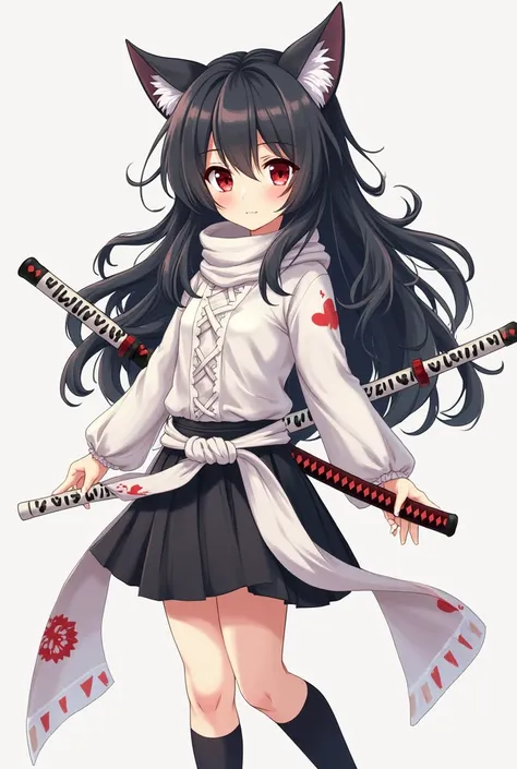  an anime girl , lazy face , long fluffy black hair with several white curls, has small cat ears, red-eye, Caucasian, wearing a white shirt,  wearing , wearing black socks , with a white scarf, left hip wearing a red katana and a white katana,  standing 
